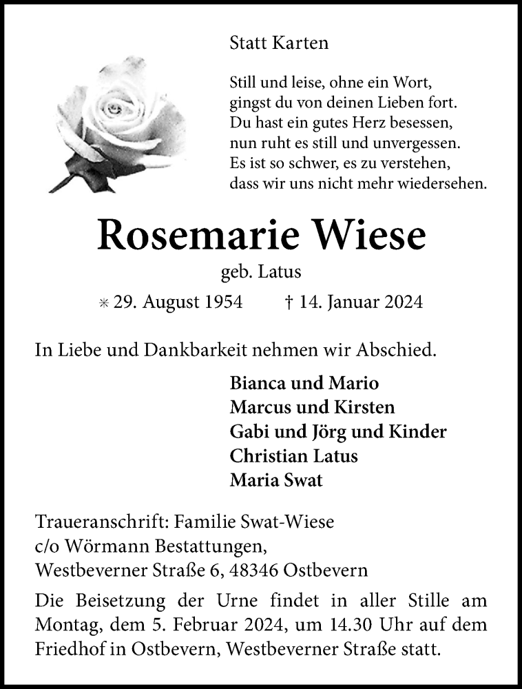  Traueranzeige für Rosemarie Wiese vom 31.01.2024 aus 