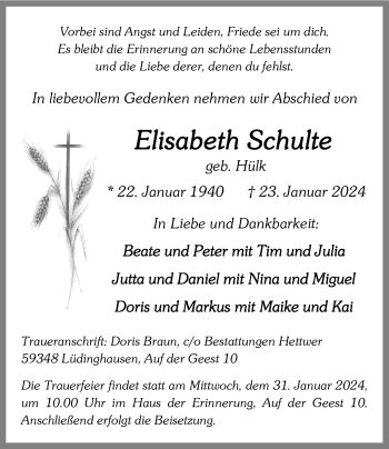 Anzeige von Elisabeth Schulte 
