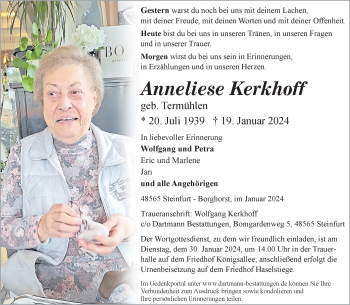 Anzeige von Anneliese Kerkhoff 