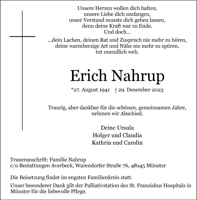  Traueranzeige für Erich Nahrup vom 10.01.2024 aus 