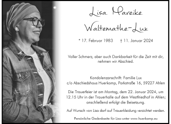 Anzeige von Lisa Mareike Waltemathe-Lux 