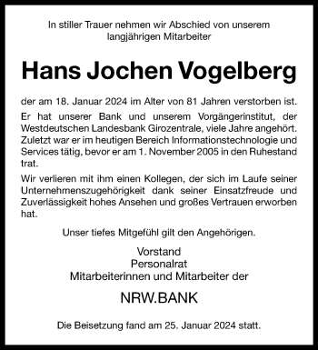 Anzeige von Hans Jochen Vogelberg 