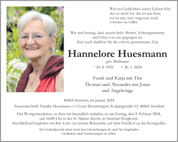 Anzeige von Hannelore Huesmann 