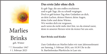 Anzeige von Marlies Brinks 