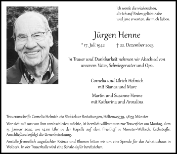Anzeige von Jürgen Henne 