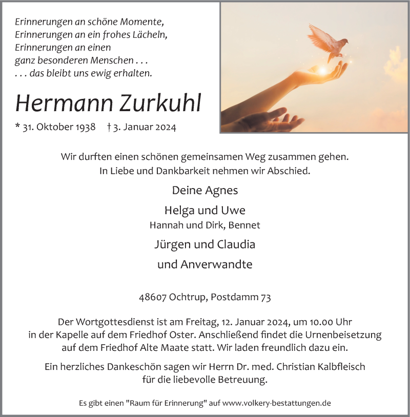  Traueranzeige für Hermann Zurkuhl vom 05.01.2024 aus 