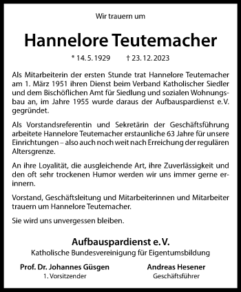Anzeige von Hannelore Teutemacher 
