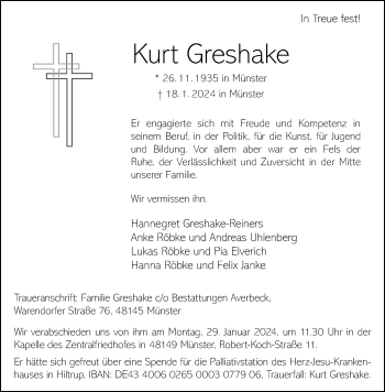 Anzeige von Kurt Greshake 
