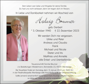 Anzeige von Hedwig Bäumer 