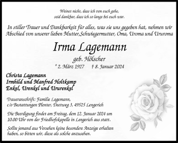 Anzeige von Irma Lagemann 