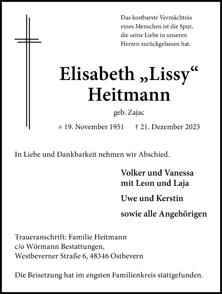  Traueranzeige für Elisabeth Heitmann vom 13.01.2024 aus 