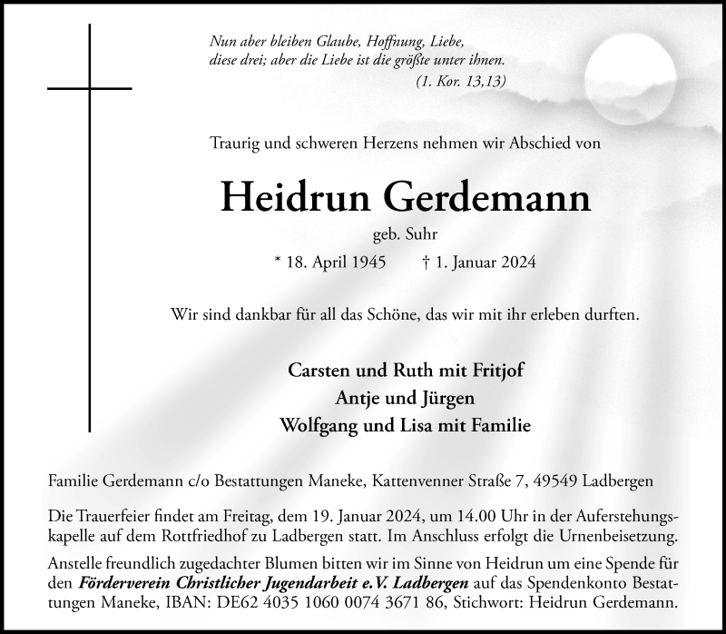  Traueranzeige für Heidrun Gerdemann vom 13.01.2024 aus 