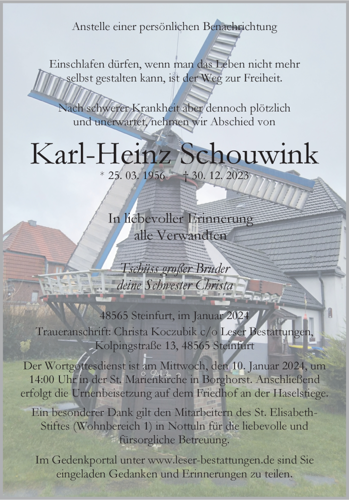  Traueranzeige für Karl-Heinz Schouwink vom 06.01.2024 aus 