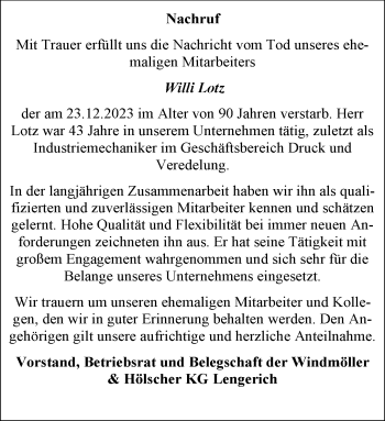 Anzeige von Willi Lotz 