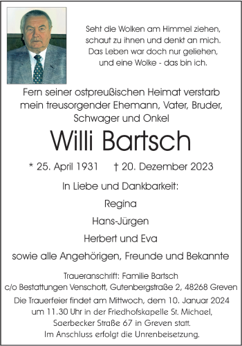 Anzeige von Willi Bartsch 