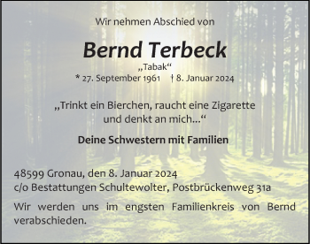 Anzeige von Bernd Terbeck 