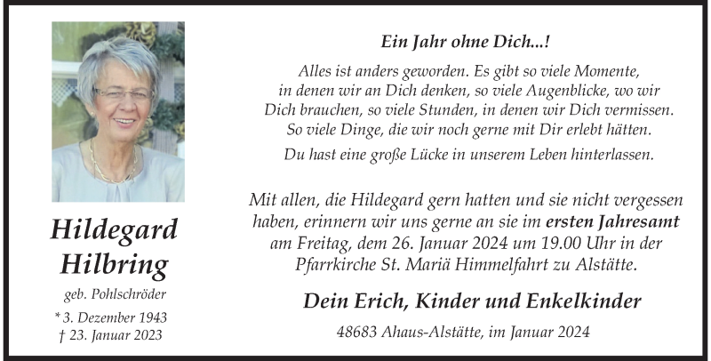  Traueranzeige für Hildegard Hilbring vom 23.01.2024 aus 