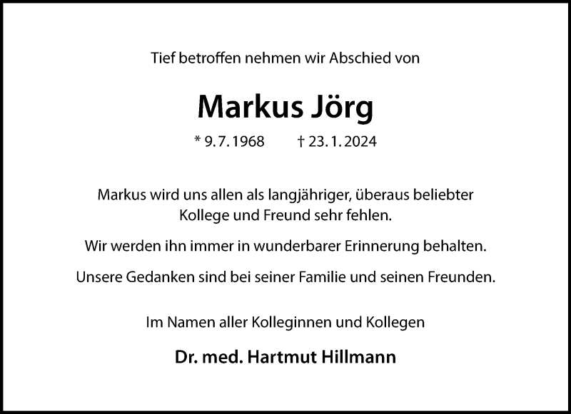  Traueranzeige für Markus Jörg vom 27.01.2024 aus 