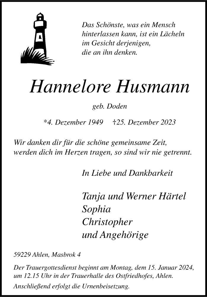  Traueranzeige für Hannelore Husmann vom 30.12.2023 aus 