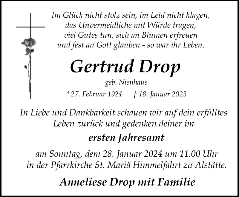  Traueranzeige für Gertrud Drop vom 24.01.2024 aus 