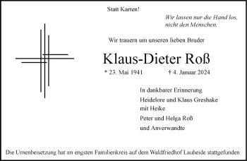 Anzeige von Klaus-Dieter Roß 