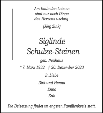 Anzeige von Siglinde Schulze-Steinen 