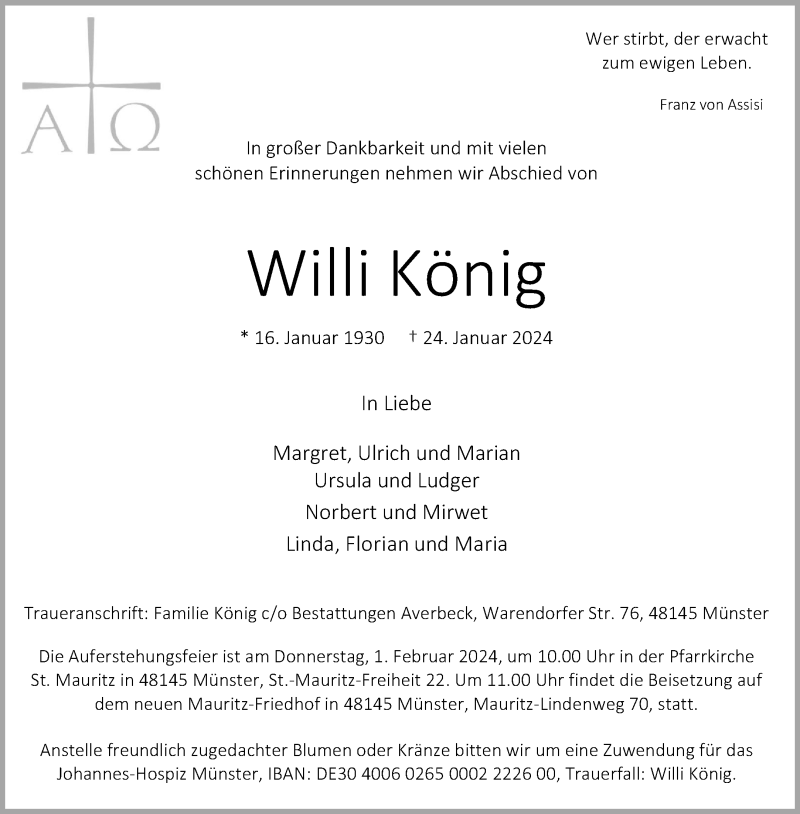  Traueranzeige für Willi König vom 27.01.2024 aus 