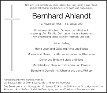 Anzeige von Bernhard Ahlandt 