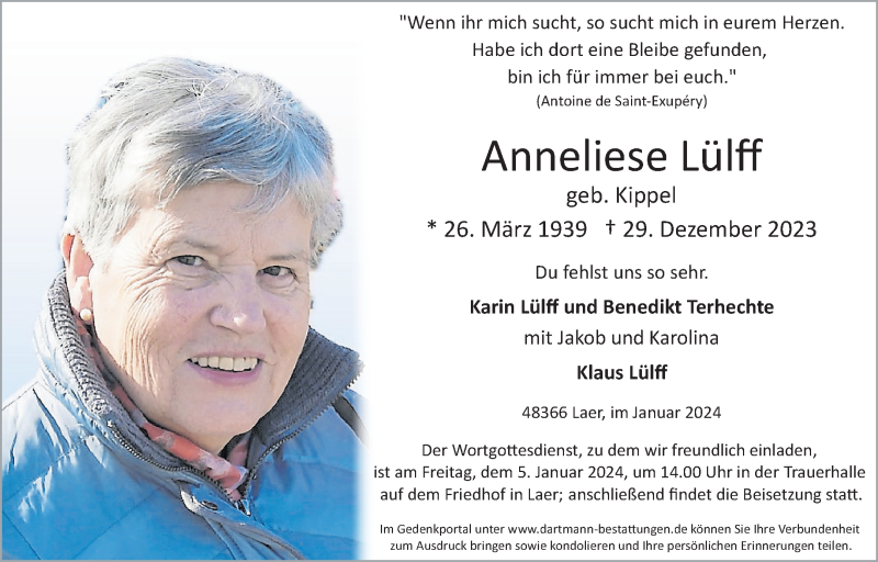  Traueranzeige für Anneliese Lülff vom 03.01.2024 aus 
