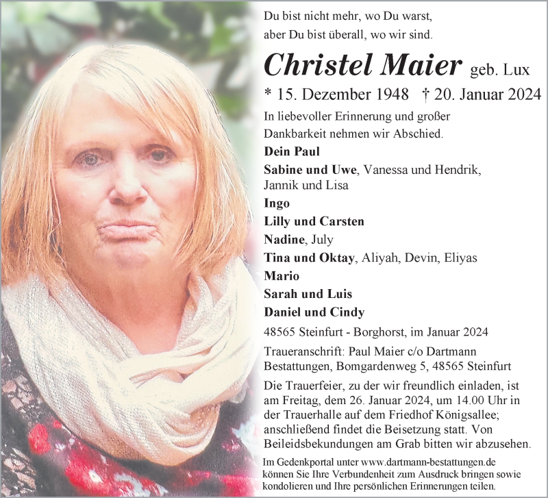  Traueranzeige für Christel Maier vom 24.01.2024 aus 