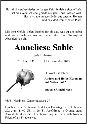 Anzeige von Anneliese Sahle 
