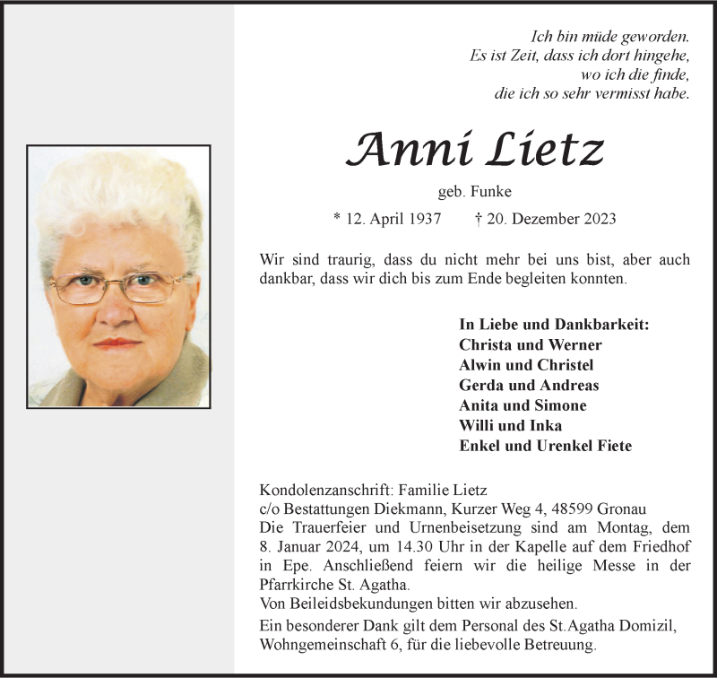  Traueranzeige für Anní Lietz vom 02.01.2024 aus 