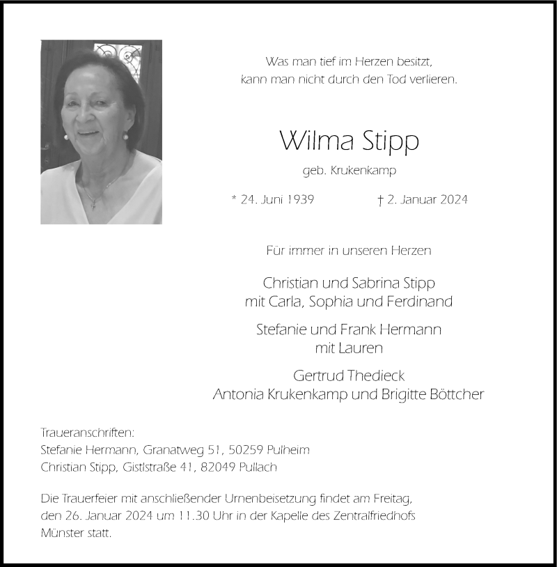  Traueranzeige für Wilma Stipp vom 20.01.2024 aus 