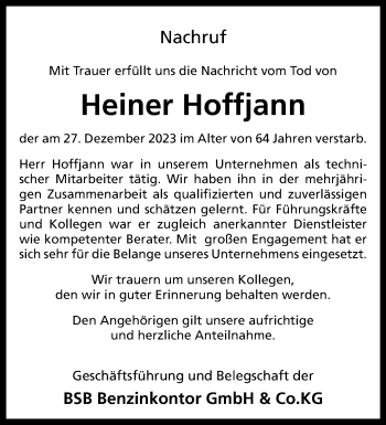 Anzeige von Heiner Hoffjann 