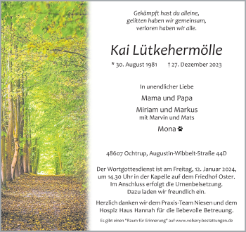 Anzeige von Kai Lütkehermölle 