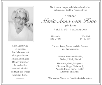 Anzeige von Maria Anna vom Hove 