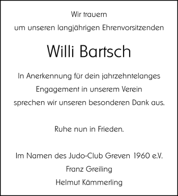 Anzeige von Willi Bartsch 
