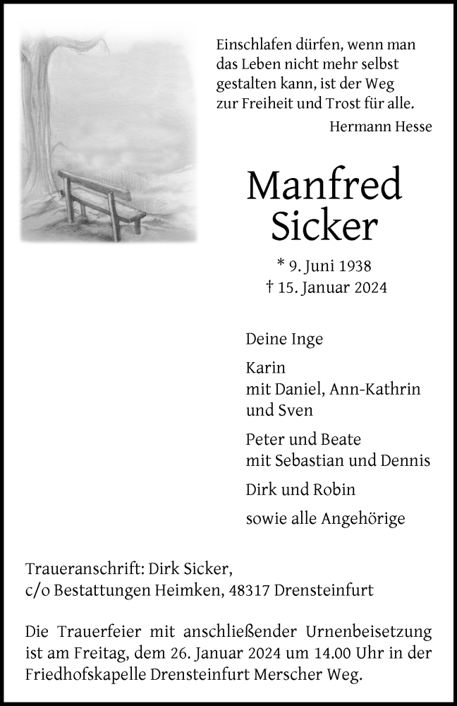  Traueranzeige für Manfred Sicker vom 20.01.2024 aus 