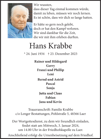 Anzeige von Hans Krabbe 