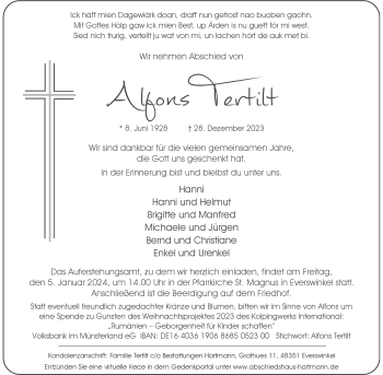 Anzeige von Alfons Tertilt 