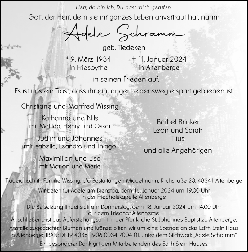  Traueranzeige für Adele Schramm vom 16.01.2024 aus 