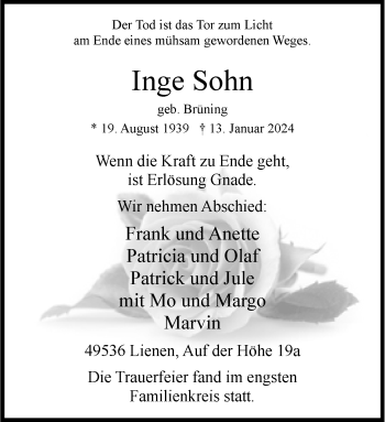 Anzeige von Inge Sohn 