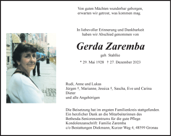 Anzeige von Gerda Zaremba 