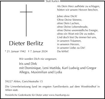 Anzeige von Dieter Berlitz 
