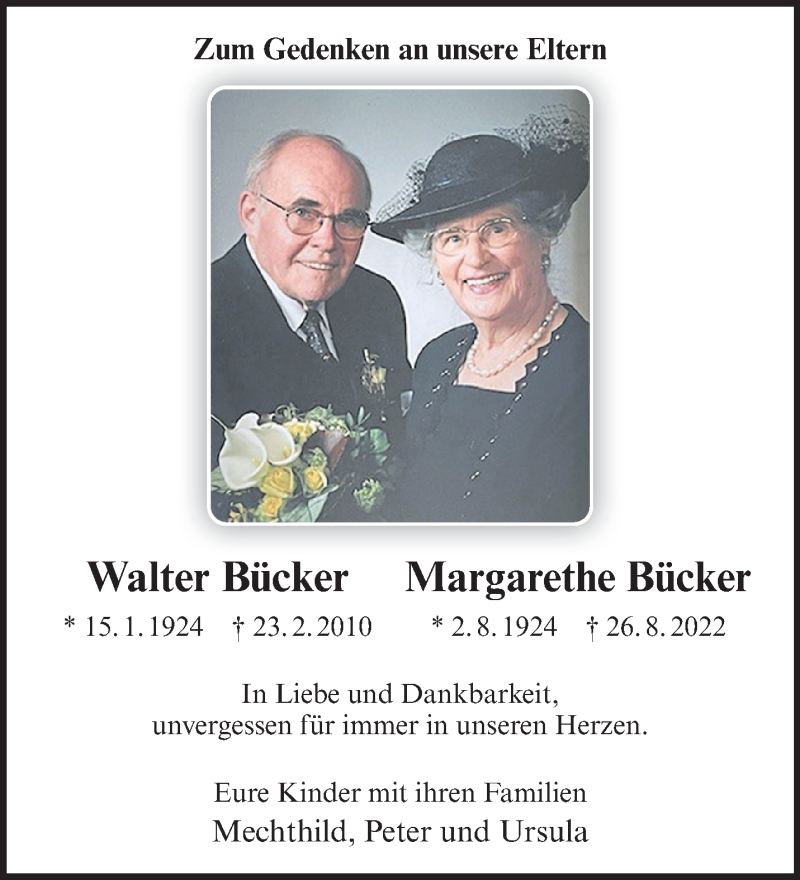  Traueranzeige für Walter und Margarethe Bücker vom 13.01.2024 aus 