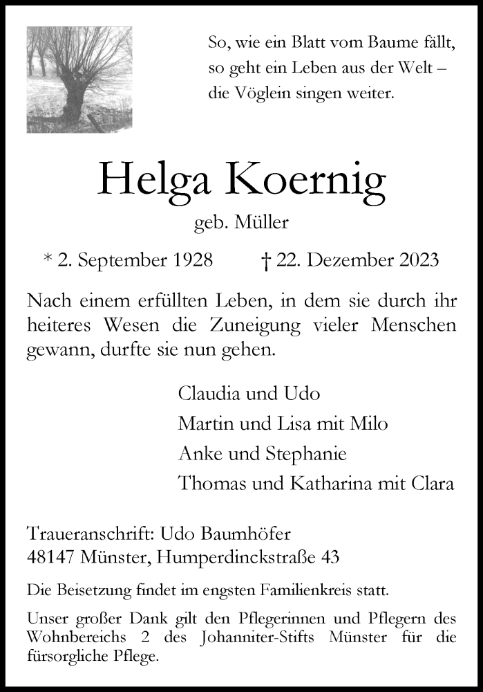  Traueranzeige für Helga Koernig vom 06.01.2024 aus 
