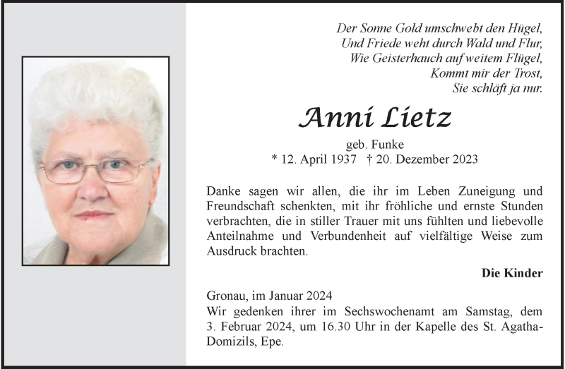  Traueranzeige für Anní Lietz vom 31.01.2024 aus 