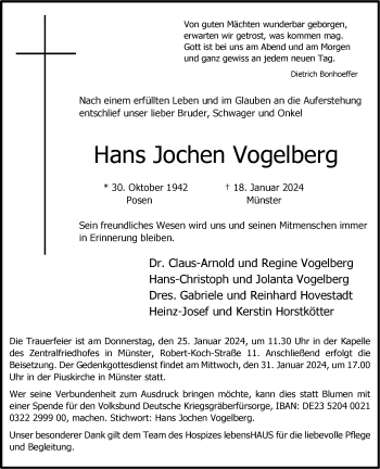 Anzeige von Hans Jochen Vogelberg 