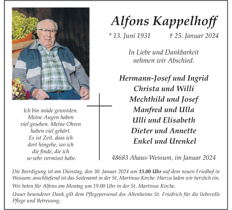  Traueranzeige für Alfons und Änne Kappelhoff vom 29.01.2024 aus 