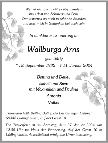 Anzeige von Wallburga Arns 